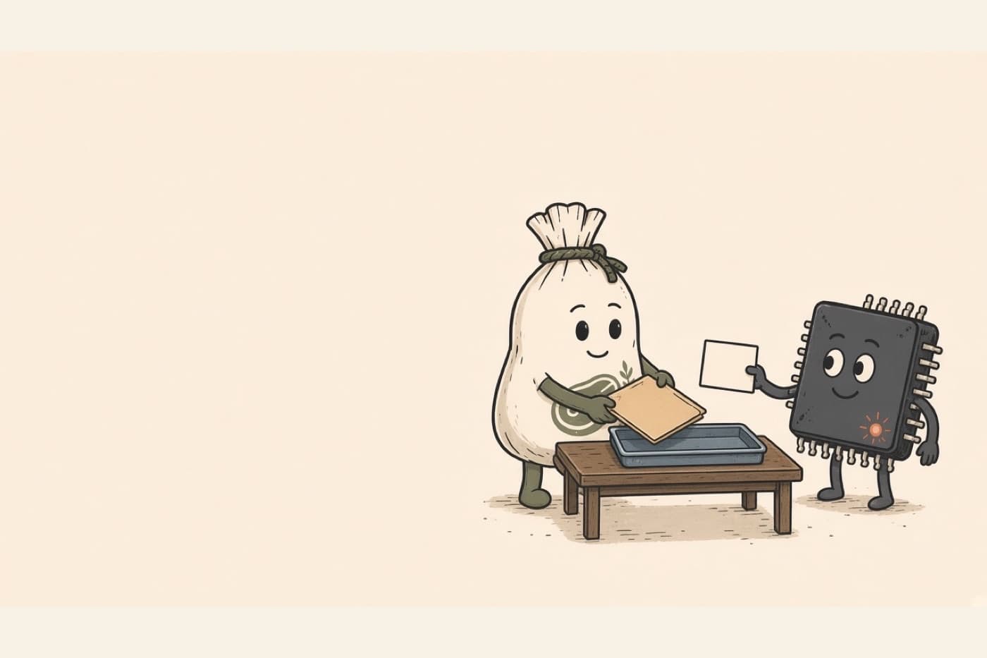 Silicon offers a page-link card while a meat sack puts a folder on an iron plate.